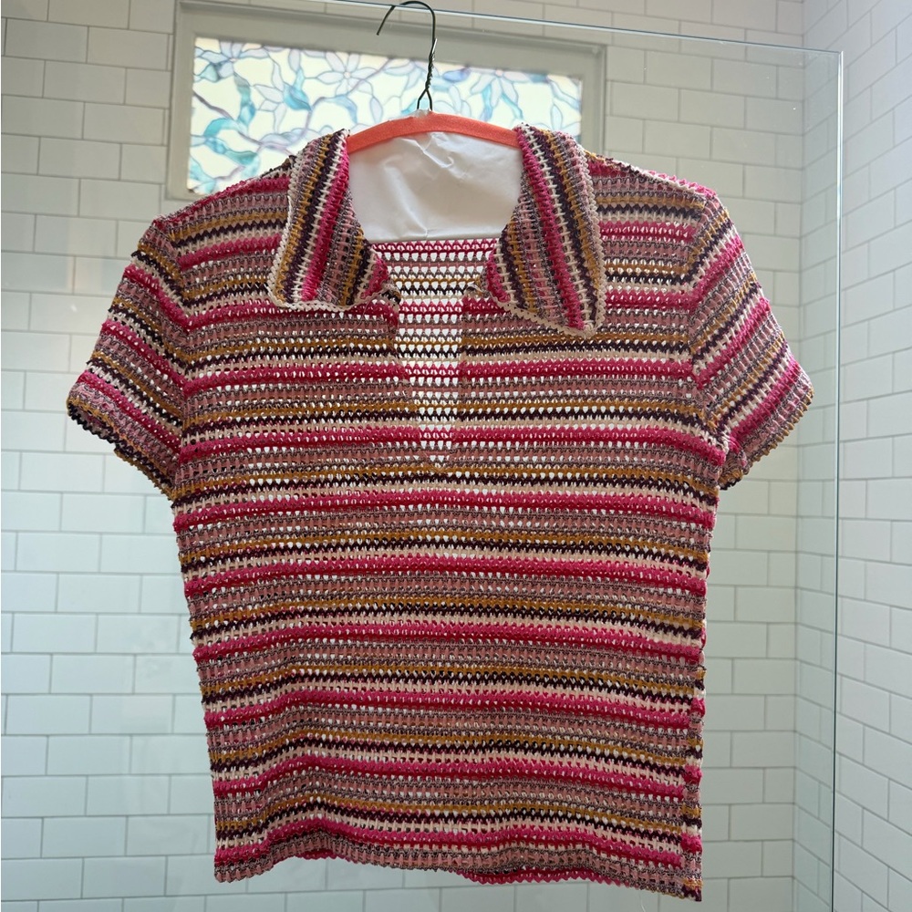 Zara Short Sleeve Crochet Polo Tee in Pink, Brown & Cream